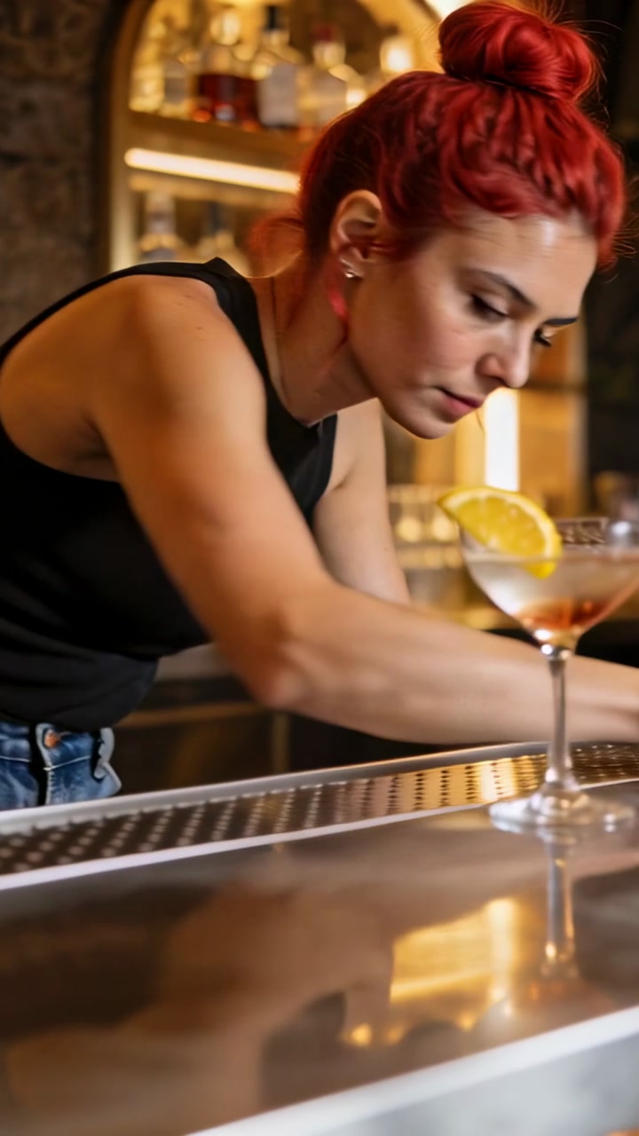 Vertical video: Wiping bartender black top cleaning bar with cloth and drip tray placing cocktail
