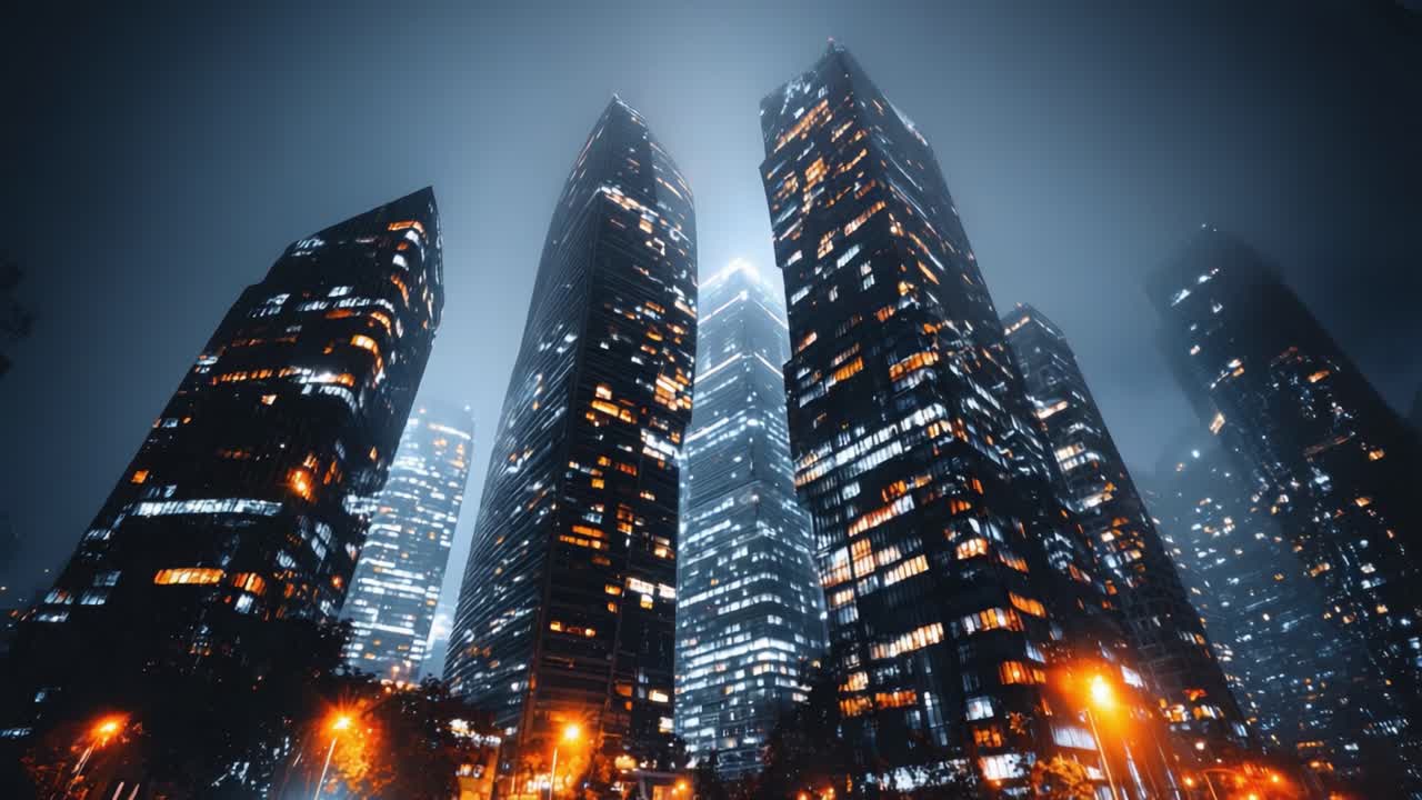 Um Horizonte Urbano Deslumbrante Banhado em Esplendor Noturno, Exibindo Arranha-Céus Modernos e Altos Iluminados com um Brilho Deslumbrante Contra um Fundo Azul Nebuloso