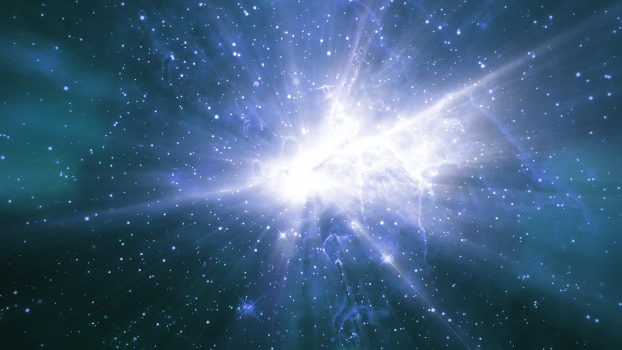 exploración de vuelo espacial de bucle sin fisuras en el campo estelar espacial azul con estrella central brillante y giratoria. vuelo 4k 3d a través del espacio con campo estelar, galaxia y nebulosas.