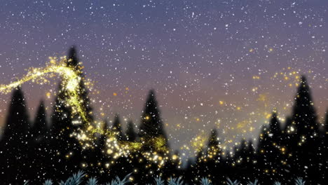 animation of snow falling over light trail and fir tree forest