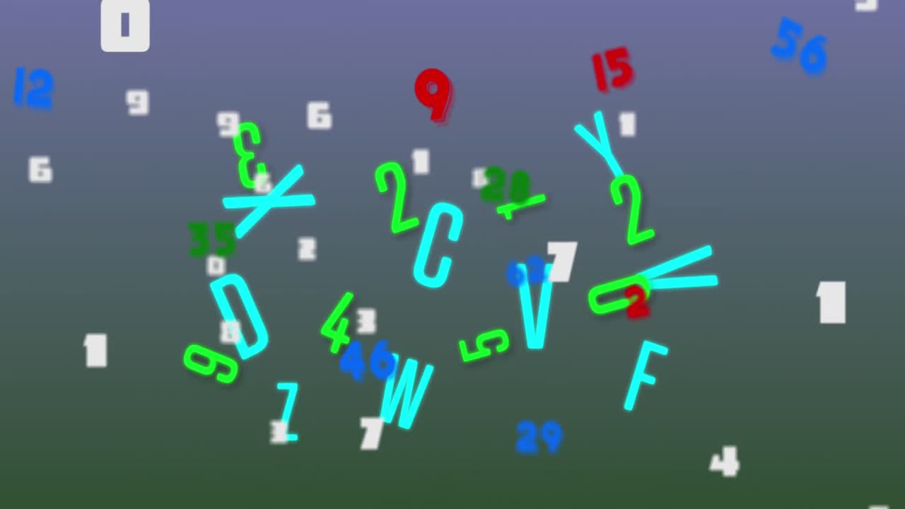 animación digital de múltiples números y alfabetos cambiantes flotando contra un fondo azul