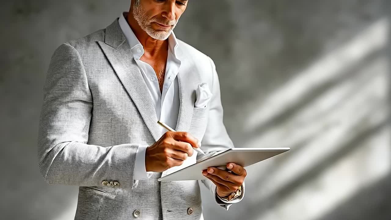 En mand i gråt jakkesæt, der skriver på en tablet