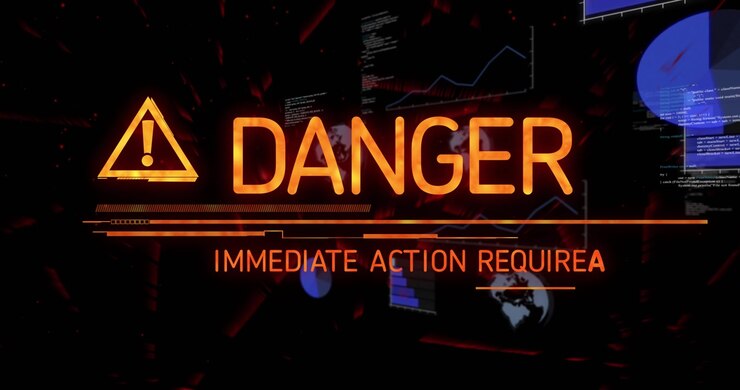 Alert graphic animating on dark virtual HUD showing orange warning icon, DANGER headline, charts