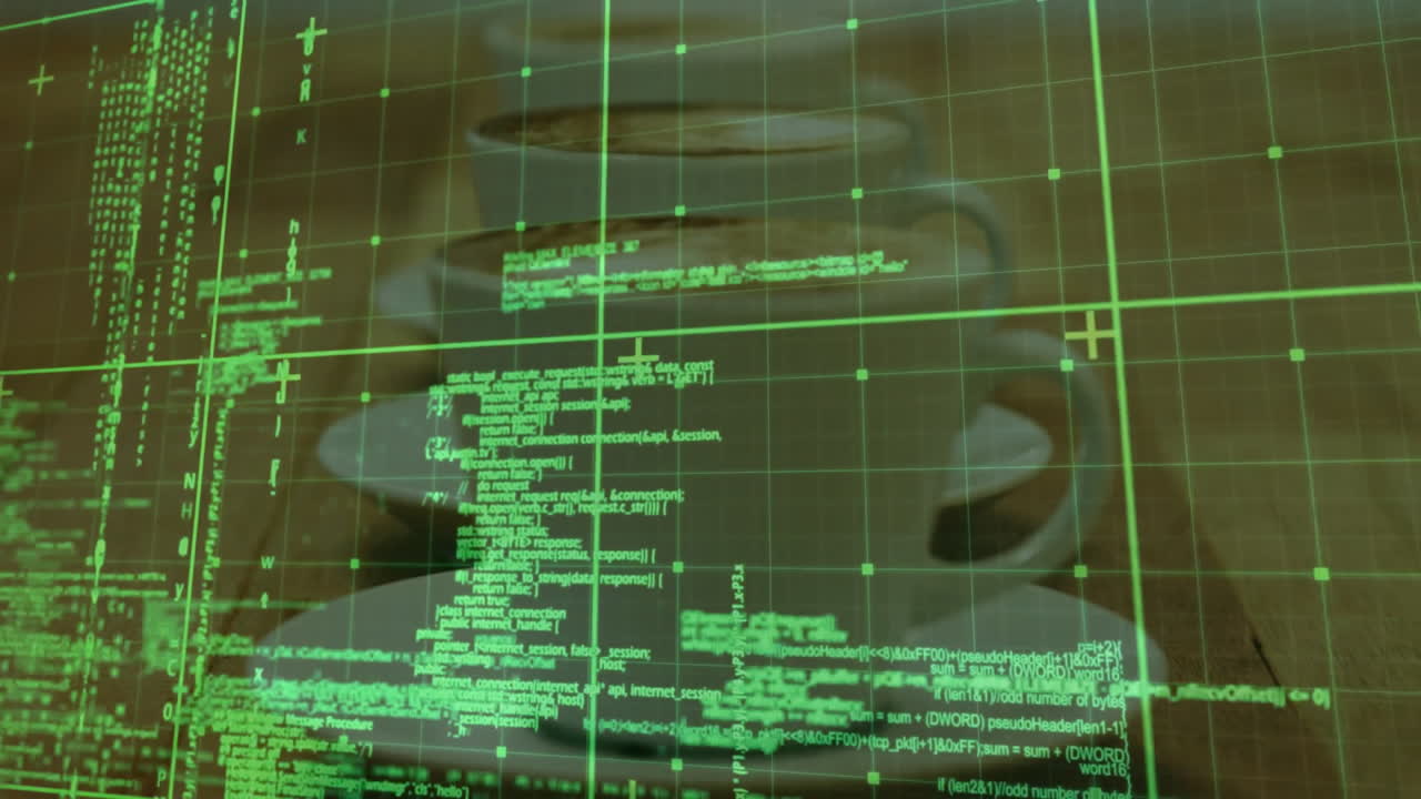 white coffee mug and saucer being animated on wooden tabletop, blending with green code overlay