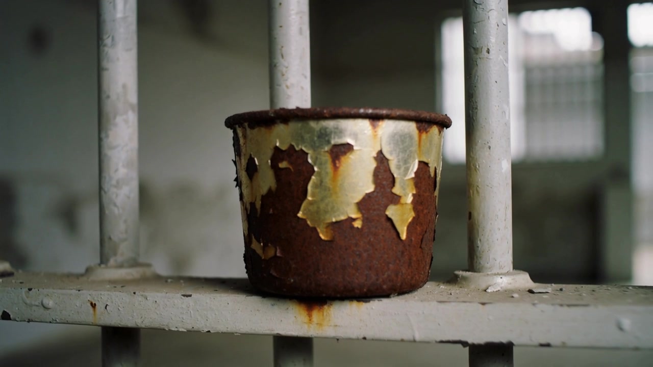 Câmera se aproximando de copo de metal enferrujado em trilho lascado dentro de cela abandonada com grades, mostrando deterioração.