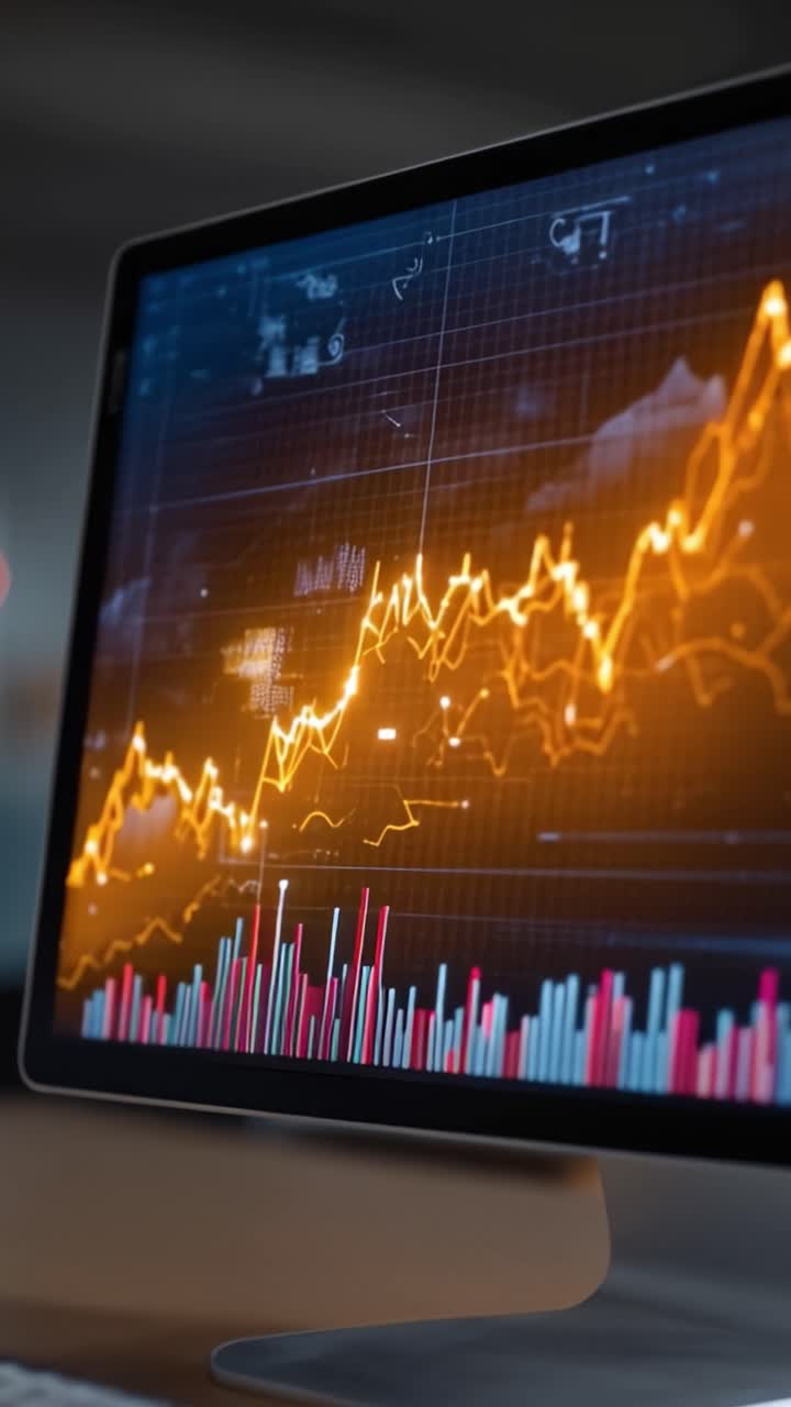 Analisi Dinamica dei Dati: Analizzare le tendenze finanziarie attraverso grafici coinvolgenti su un display digitale con formati di diagrammi vivaci e colorati.