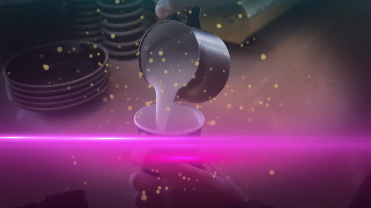 Barista pouring steamed milk into paper coffee cup in coffee shop, neon streaks and golden bokeh