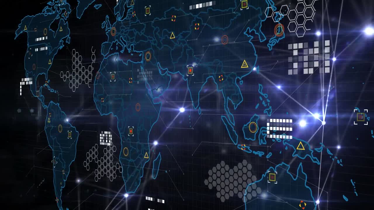 Glowing network of connections over world map against spot of light on black background