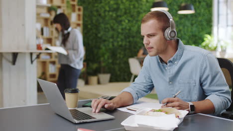 businessman, headphones and laptop in busy office