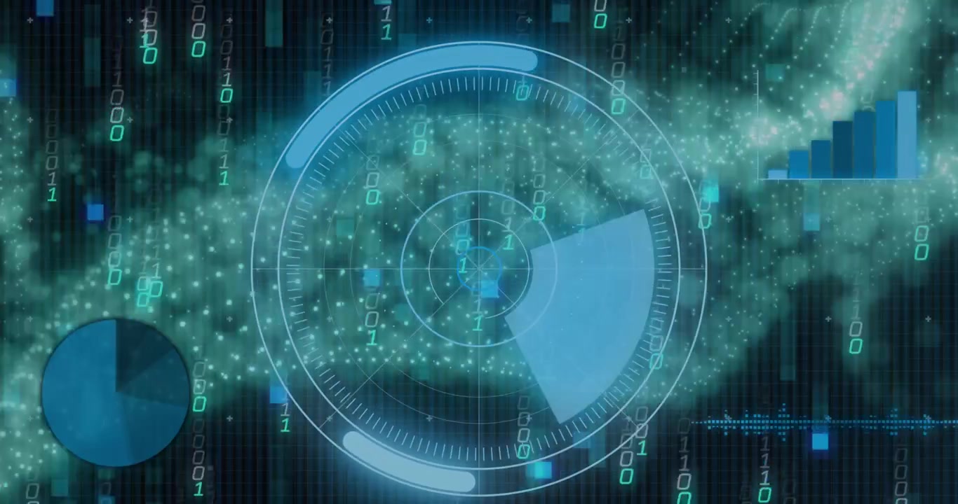 Animation of round scanner and statistical data processing over digital wave and binary coding