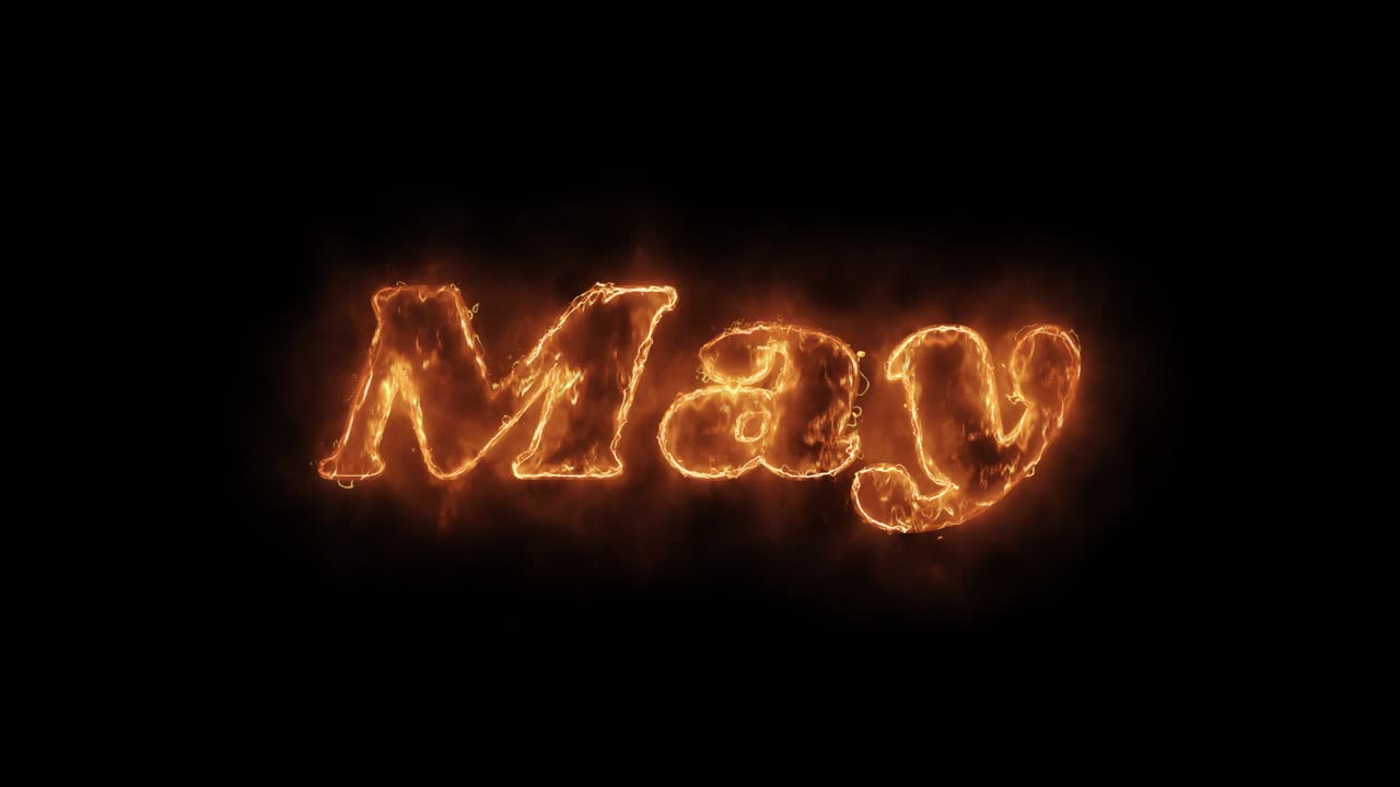 May word hot animated burning realistic fire flame and smoke seamlessly loop animation on isolated