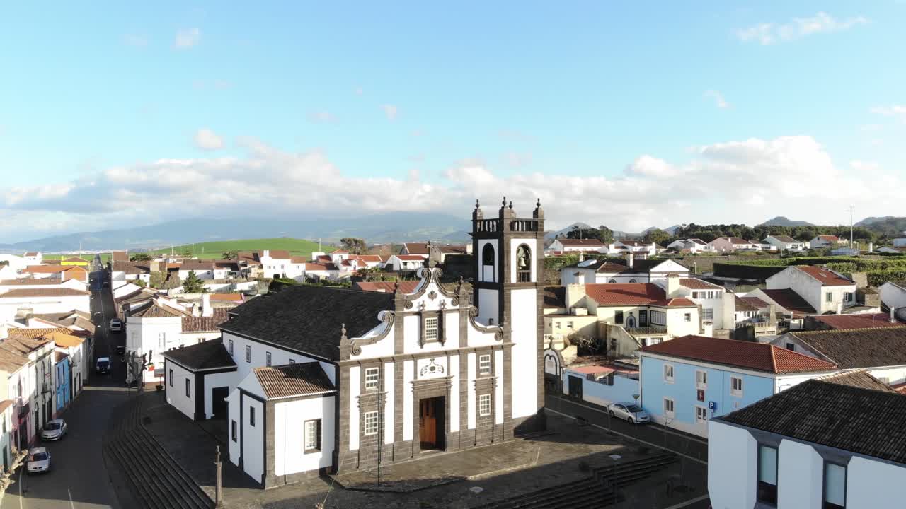 Church of Our Lady of Livramento in Ponta Delgada São Miguel Island in Azores - Ascending panoramic aerial shot
