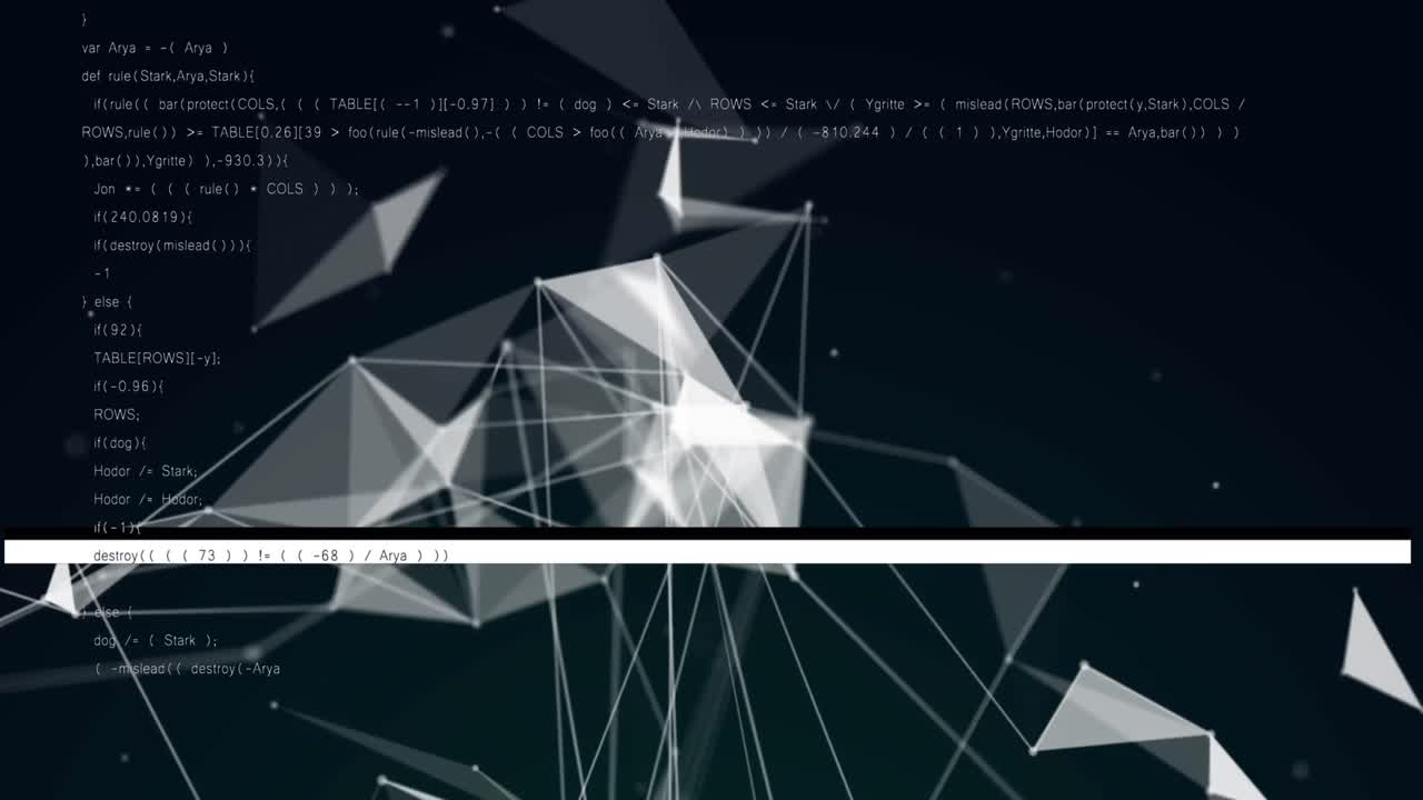 Animation of network of connections over data processing on black background