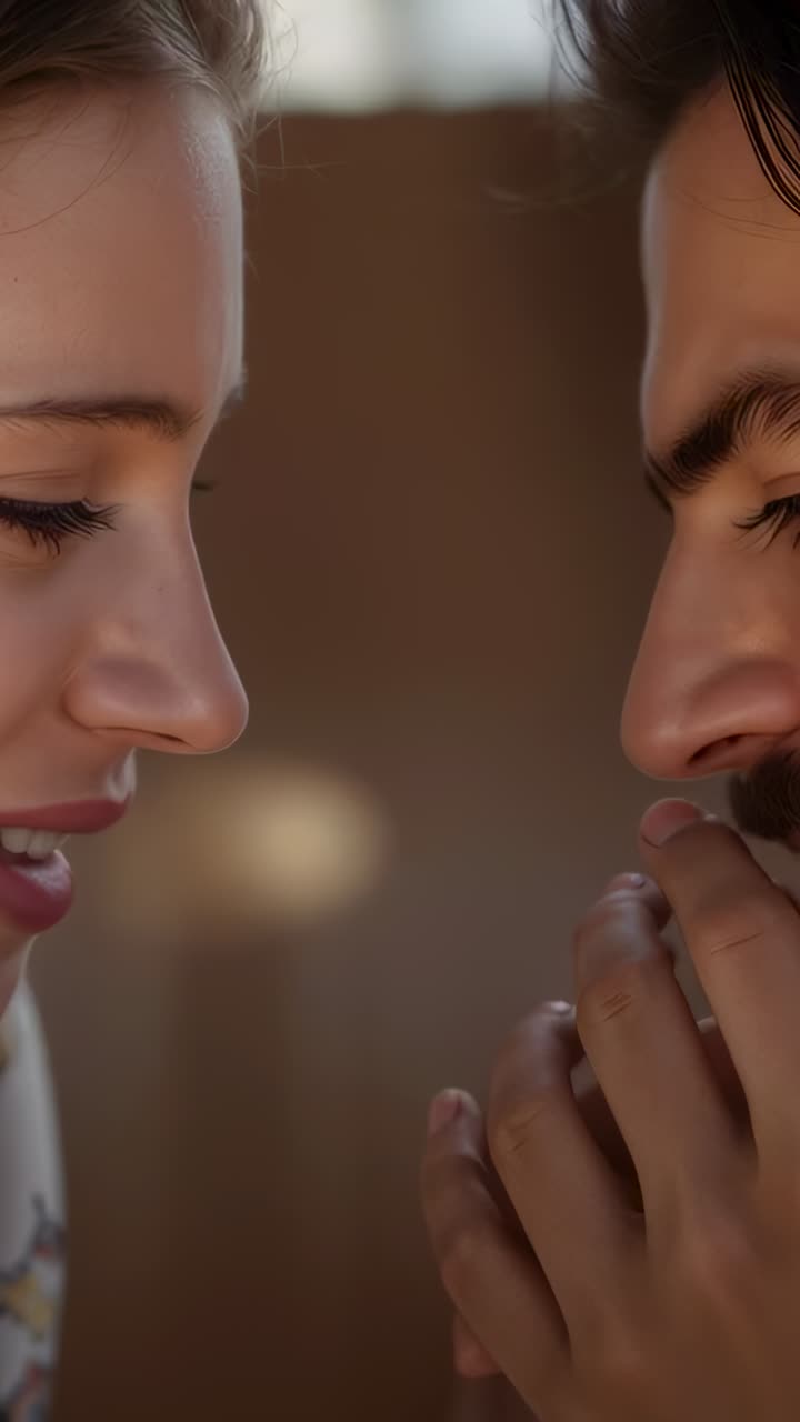 Vertical video: Smiling couple leaning in at home, floral top, noses touching, hands near faces