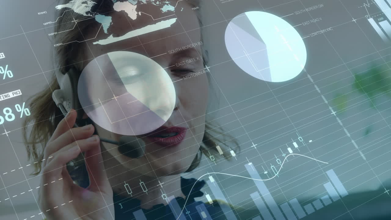 animación de registro de estadísticas sobre una mujer de negocios usando auriculares de teléfono