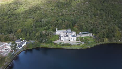 kylemore abbey castle, tourist attraction in beautiful galway, ireland - aerial