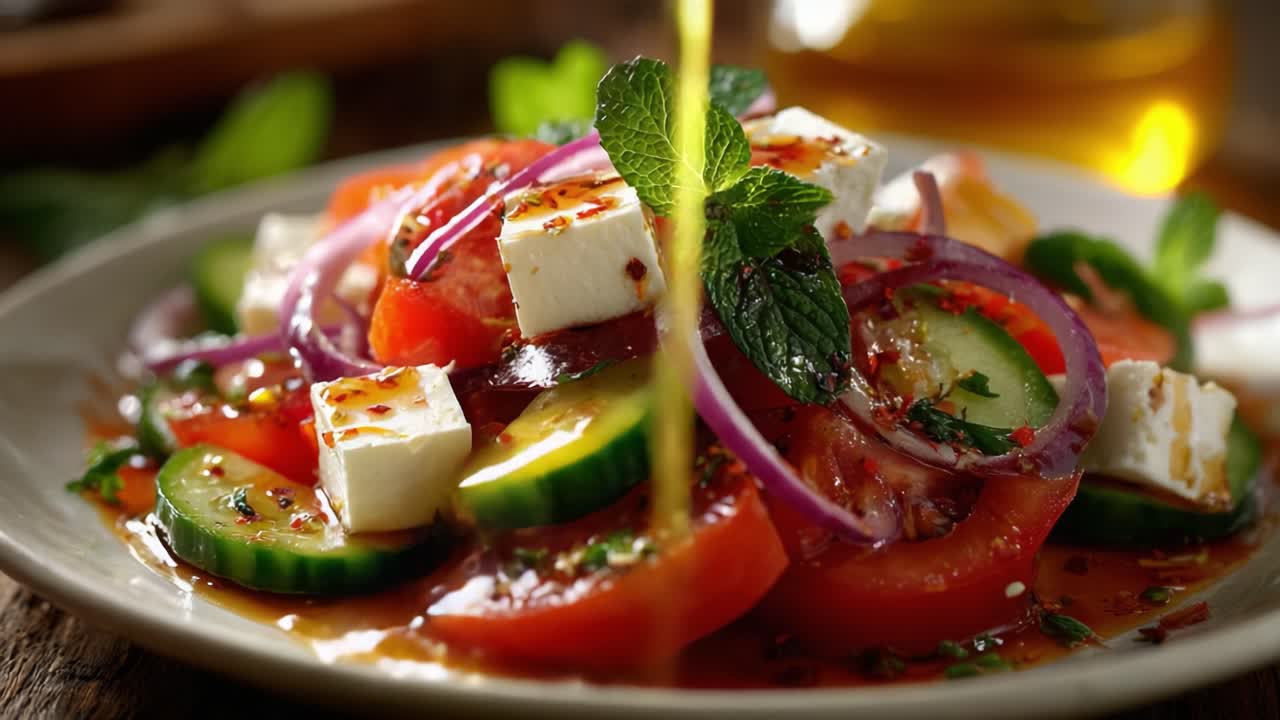 A Fresh and Colorful Salad Featuring Juicy Tomatoes, Crisp Cucumbers, Red Onions, and Creamy Feta Cheese Garnished with Mint and a Flavorful Dressing