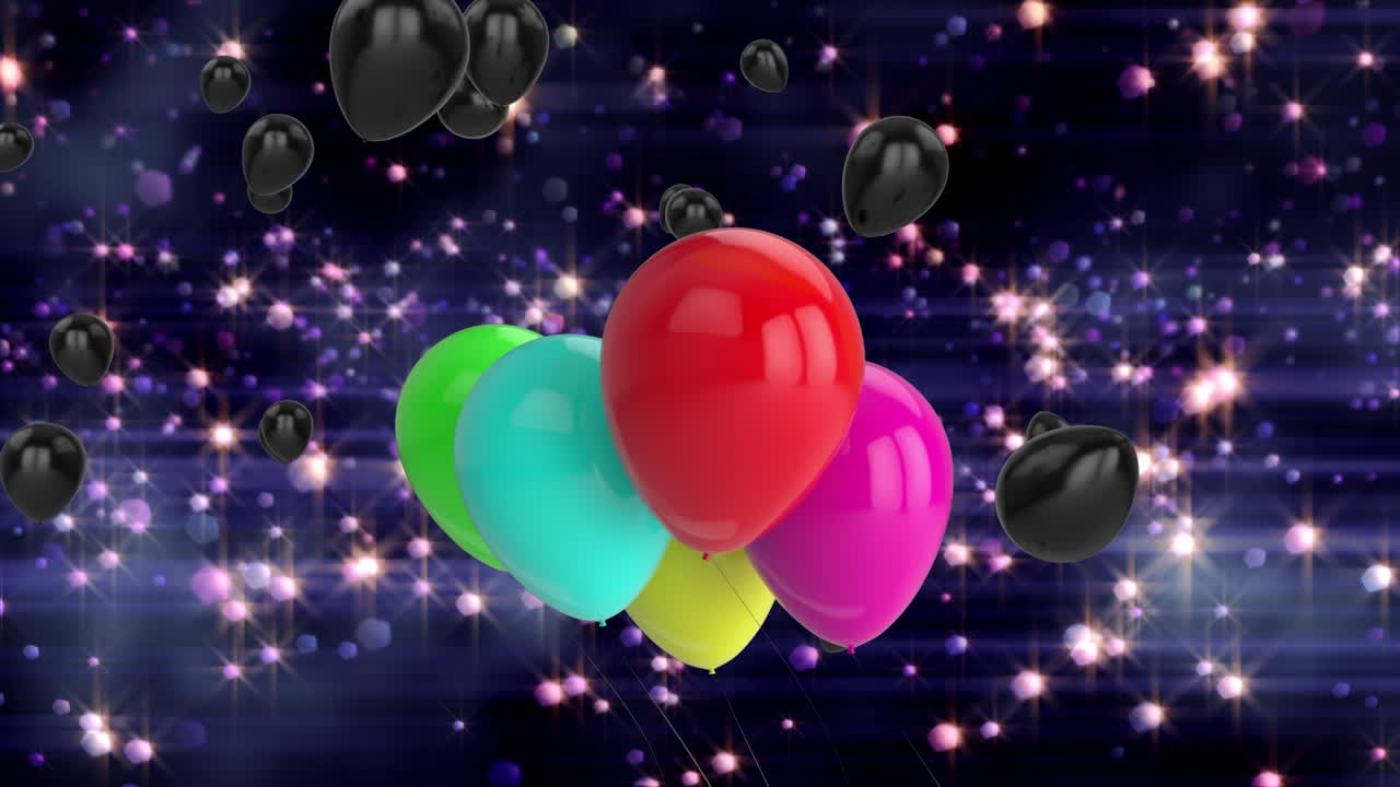 animación de globos y luces de colores volando sobre un fondo negro