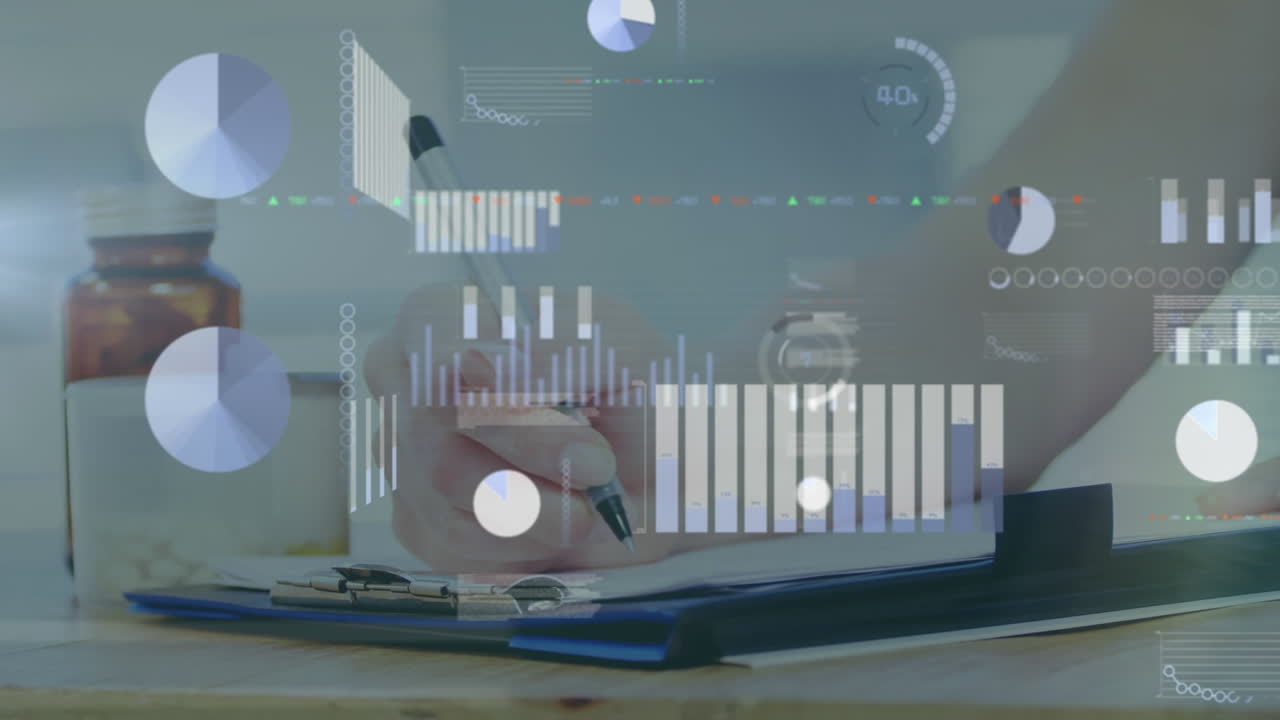 animación de múltiples gráficos, tablero de negociación, círculos de carga, chica caucásica escribiendo en el bloc de notas