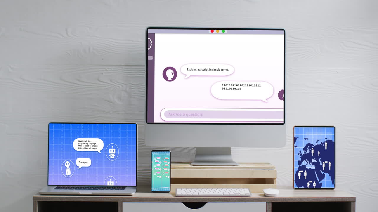 computadora, portátil, tableta y teléfono inteligente con procesamiento de datos en pantallas en la oficina