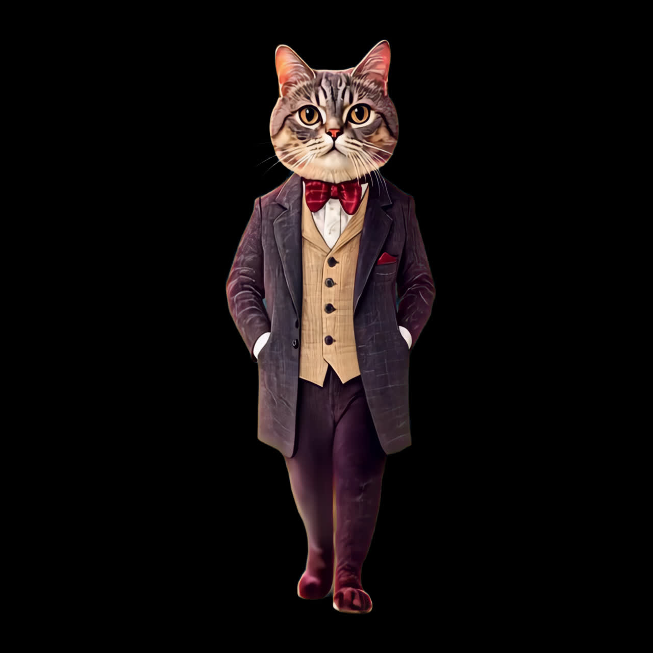 Dapper cat in vintage suit animation isolated asset, transparent 4K video, alpha channel, ProRes