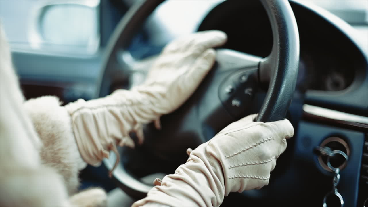Woman driving a car in slow motion, hands on wheel