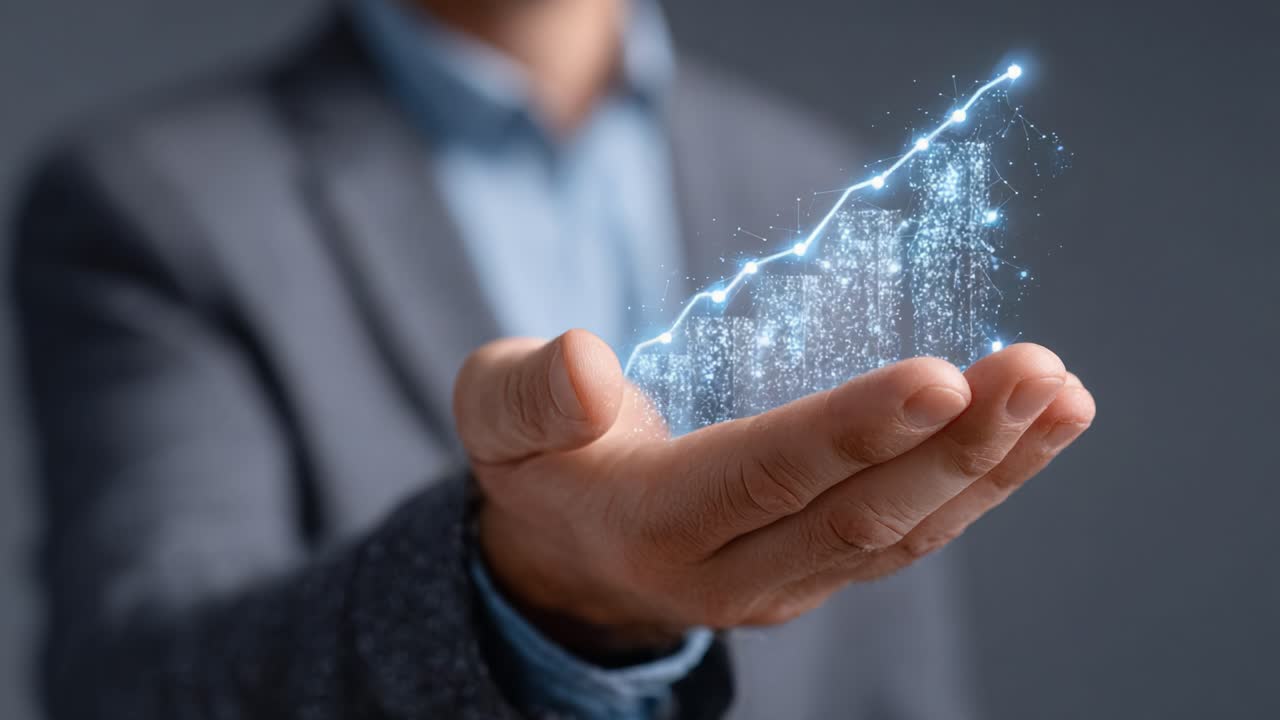 A Professional Holding a Holographic Graph Displaying Growth Progression in the Business Sector, Signifying Data Trends and Financial Success