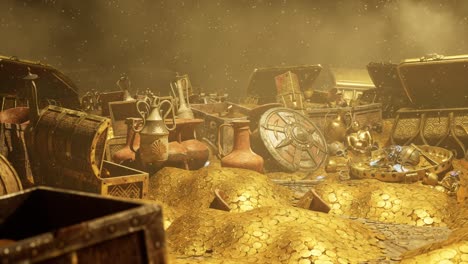 a huge ancient treasure with gold coins, gold artifacts, chests full of coins, gems and other valuable items, with dust particles, 3d animation camera pan right