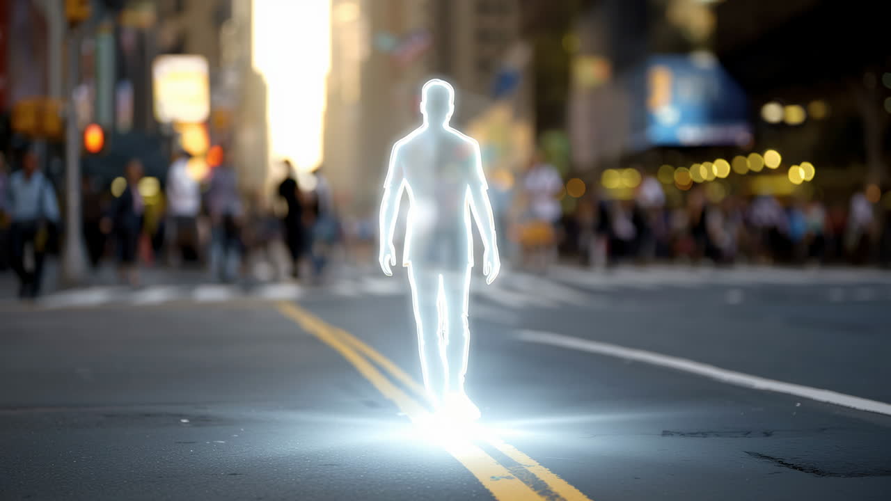 Phantom strolls busy street. A ghostly figure stands on a busy street, surrounded by blurred pedestrians and bright city lights