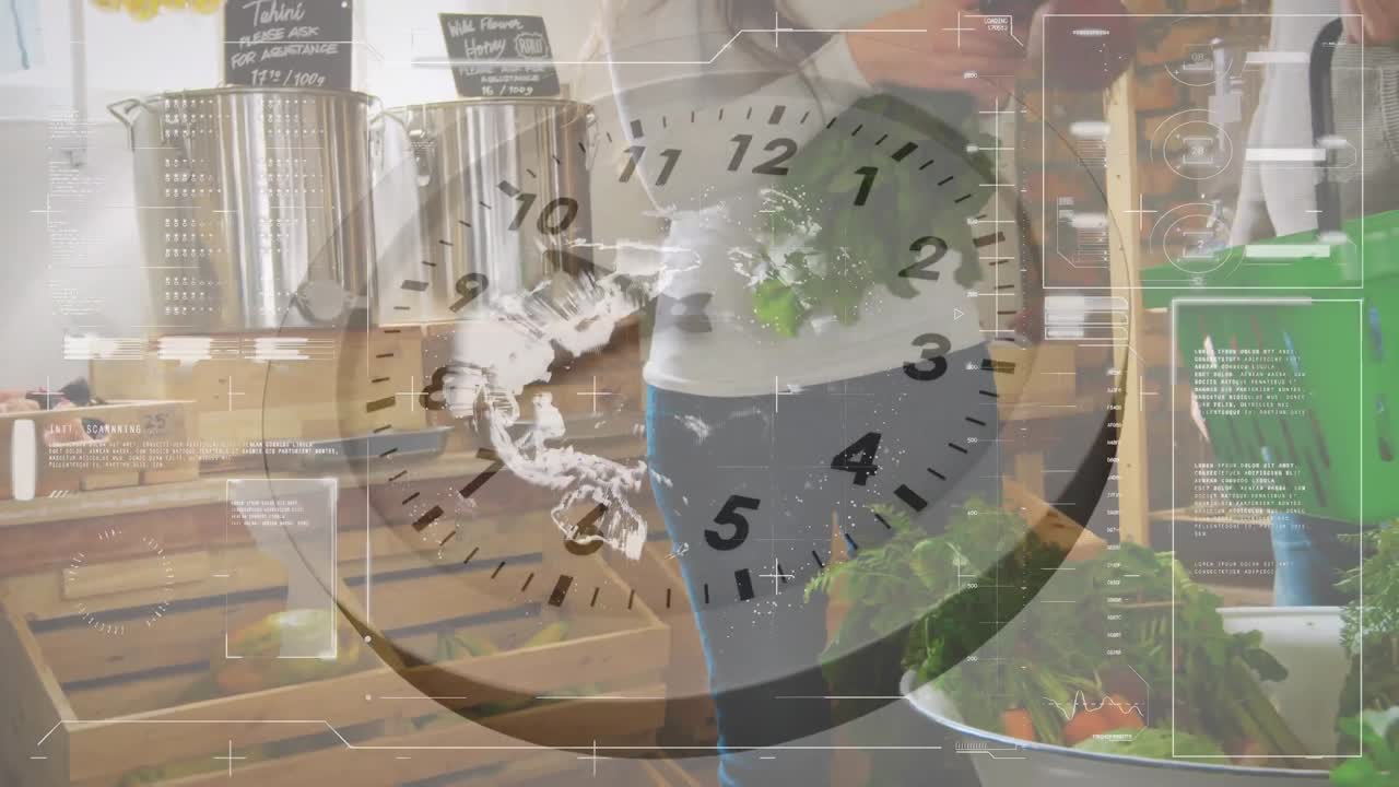 식료품 가게의 사람들을 가로질러 시계의 애니메이션.