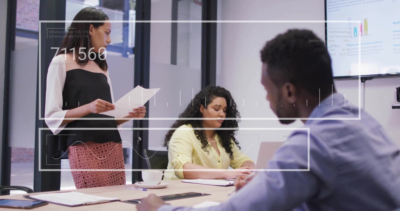 Animation of data processing over diverse business people in office