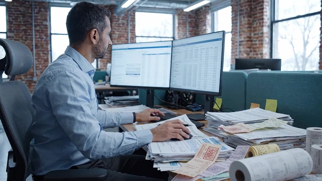 Focused Professional Analyzing Financial Documents at Modern Office Workspace with Multiple Monitors and Organized Clutter of Papers and Reports