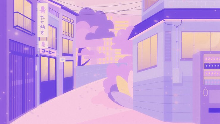 Animation graphique d'une rue traditionnelle asiatique aux couleurs pastel