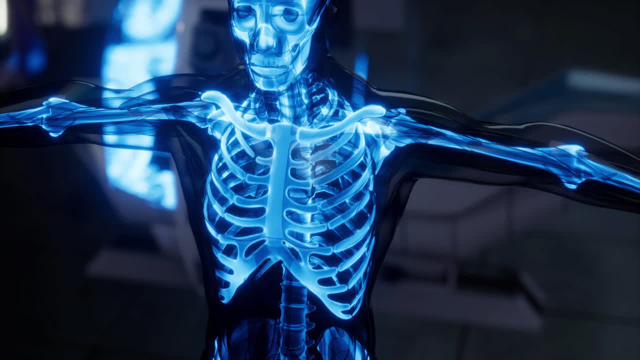 Detailed depiction of a human skeletal structure in a medical environment