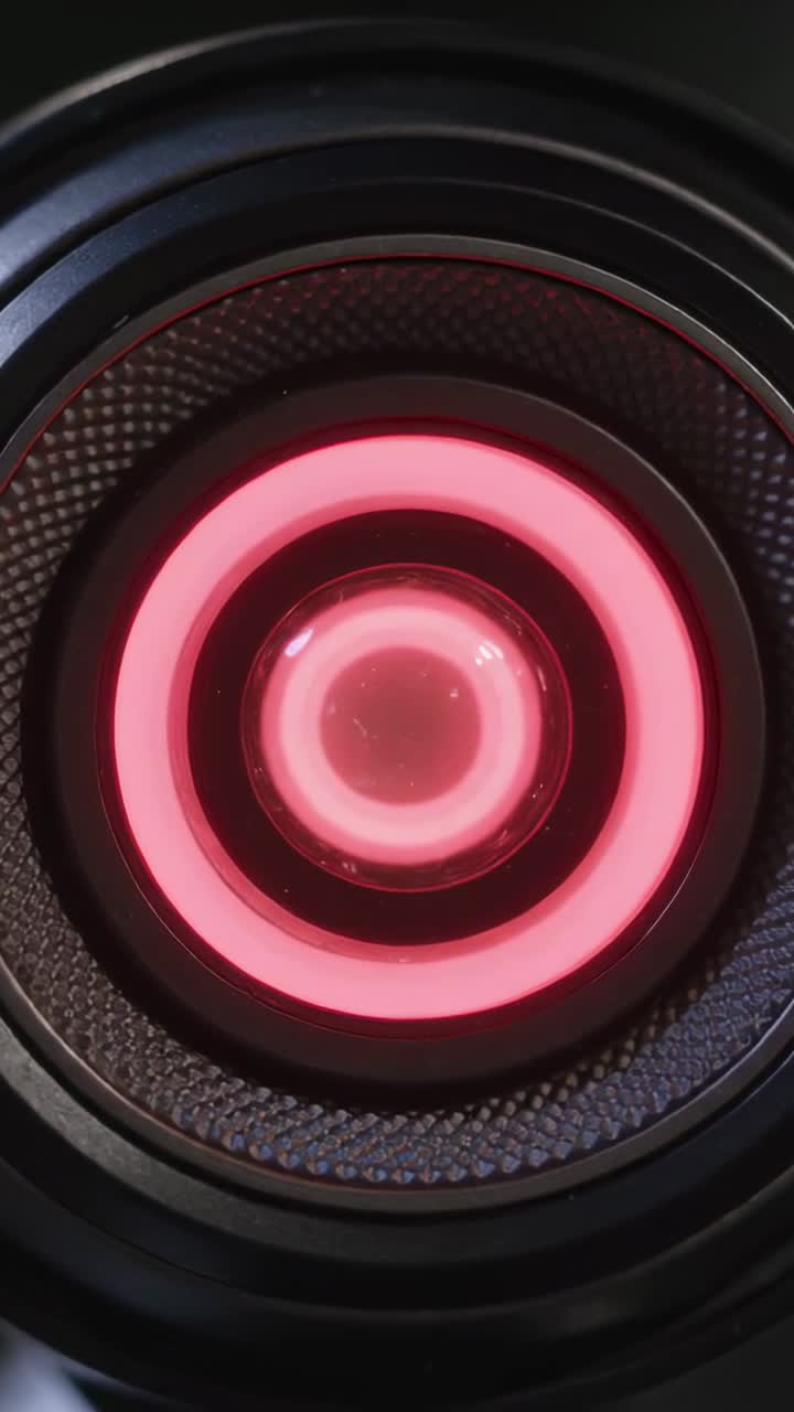 Video vertical: Lente de anillo LED circular ciclando en macro oscuro sobre un pulso de estado, cambiando de verde a rojo.