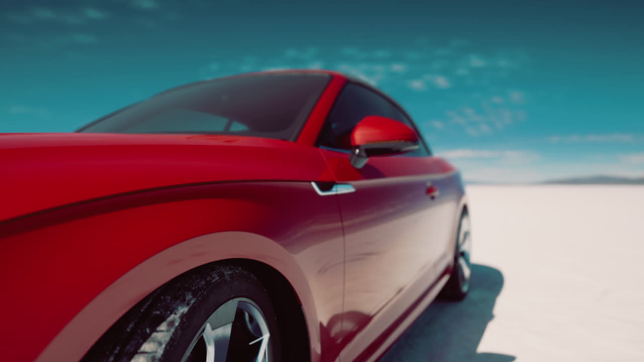 Red car parked on white salt flat under a clear blue sky