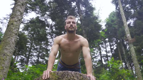 haciendo flexiones en el bosque.