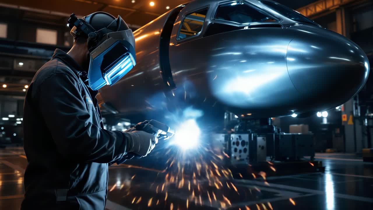 Skilled technician in dark overalls, wearing a welding helmet, is focused on welding aircraft fuselage in a well-lit industrial workshop, surrounded by tools and machinery, showcasing craftsmanship