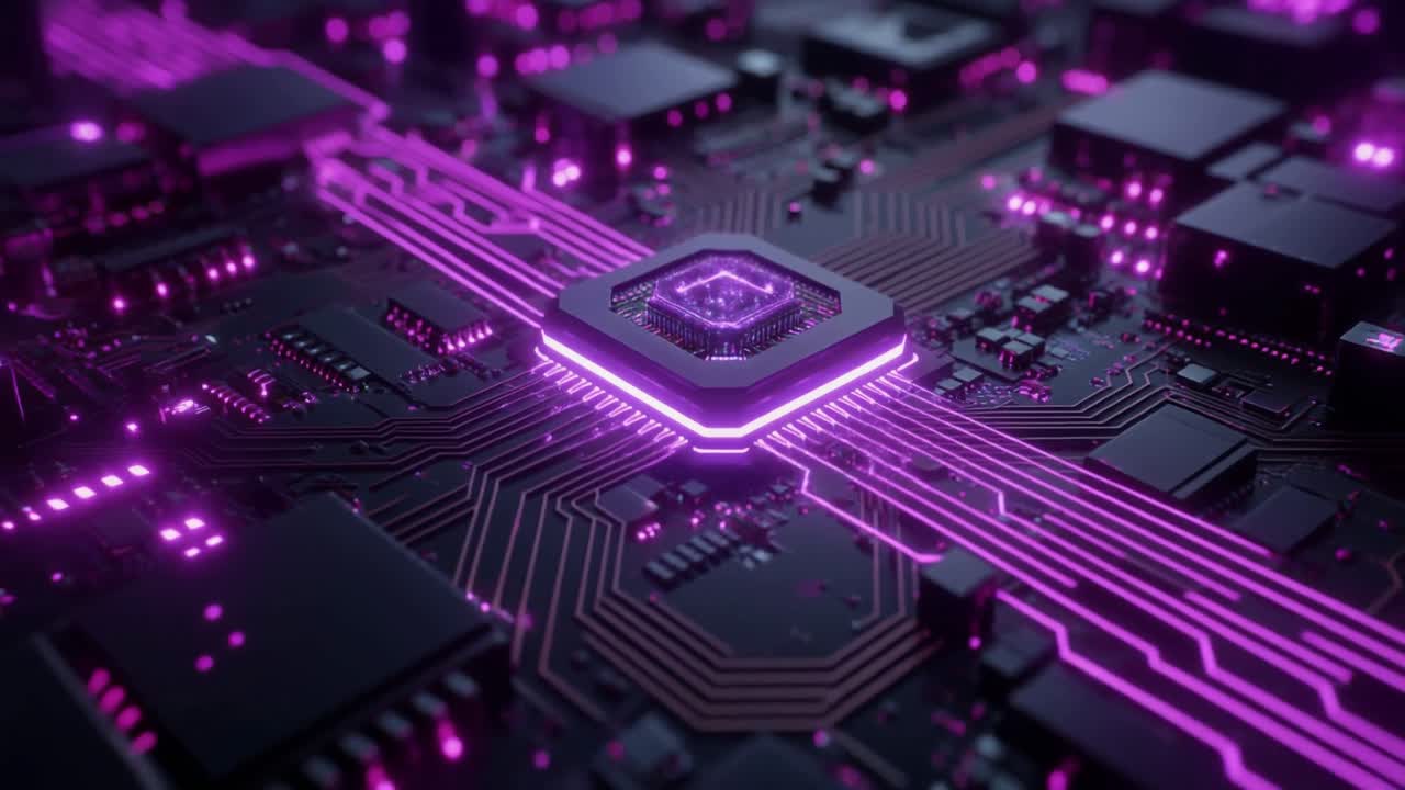 Glødende lilla mikrochip på et futuristisk kredsløbskort.