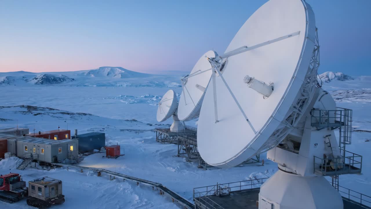 Store satellittantenner på en avsidesliggende antarktisk forskningsstasjon