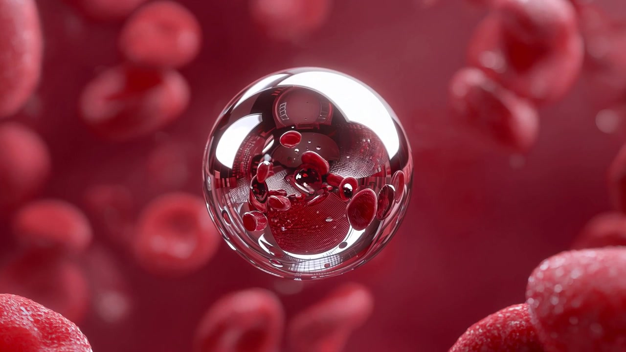 Drifting sphere rotating and settling inclusions in vessel, driven by slow flow, red cells passing