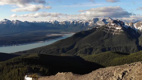 aerial view of a beautiful vast valley full of green pine alpine trees and an epic mountain range with rocky snowy peaks in the background, conservation concept