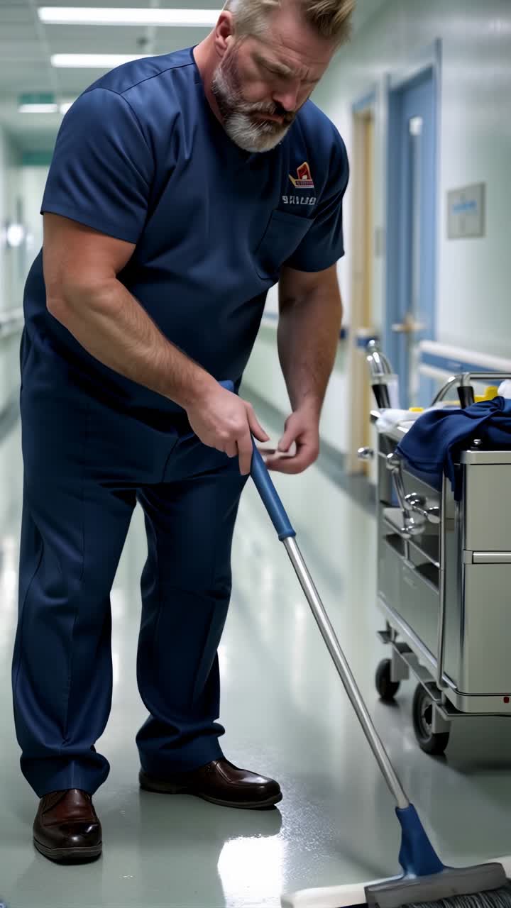 An adult man, wearing a medical cleaning uniform, mopping the shiny hospital corridor floor.