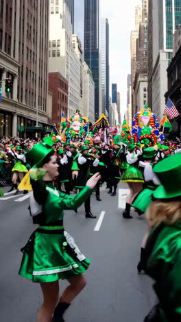 st. patrick's day parade with dancers on a city street