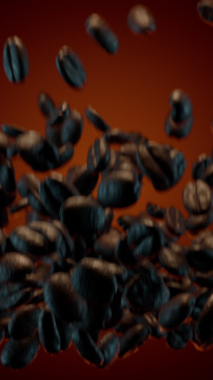 Granos de café tostados lanzados verticalmente y cayendo a cámara lenta. Renderizado 3D