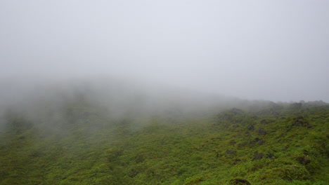 Panning-and-looking-up-surrounding-green,-lush,-tropical-rainforest-mountains