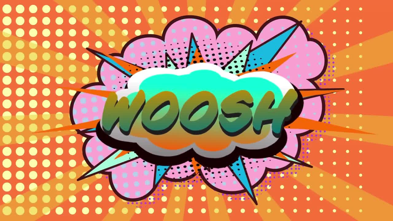 texto woosh en burbuja de habla contra puntos en fondo naranja