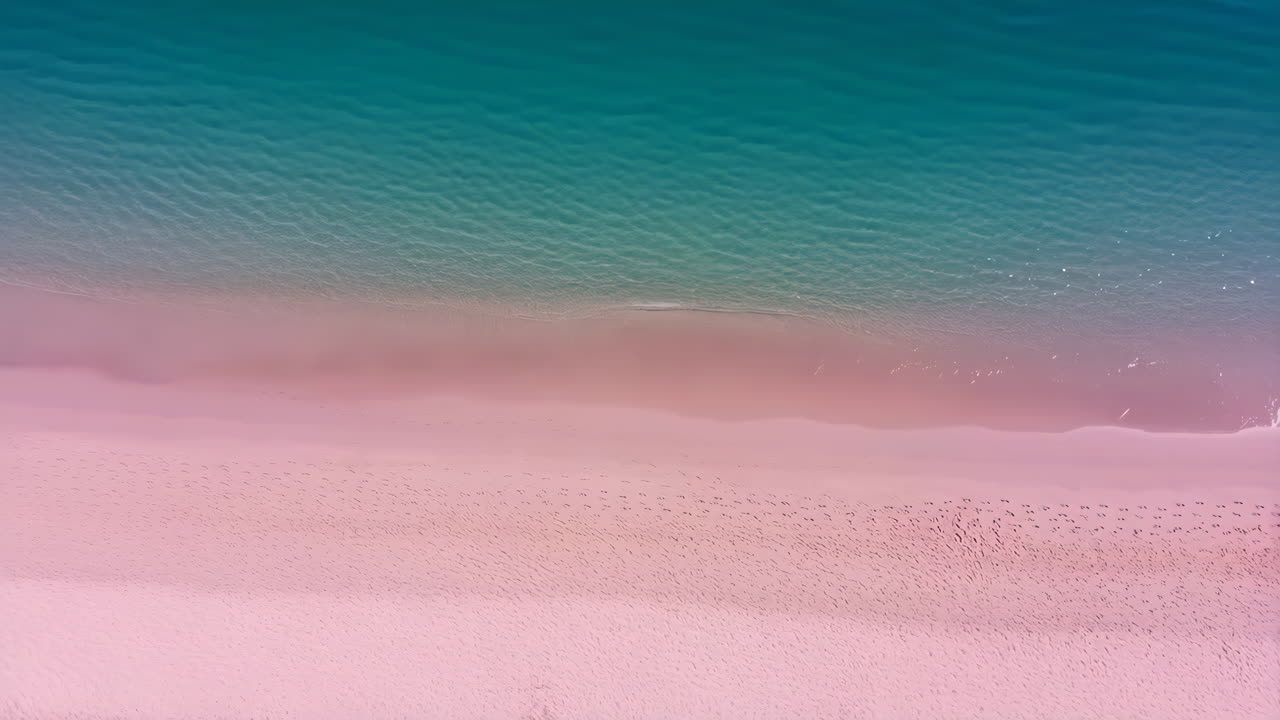 Aerial view of a pink sand beach with turquoise water