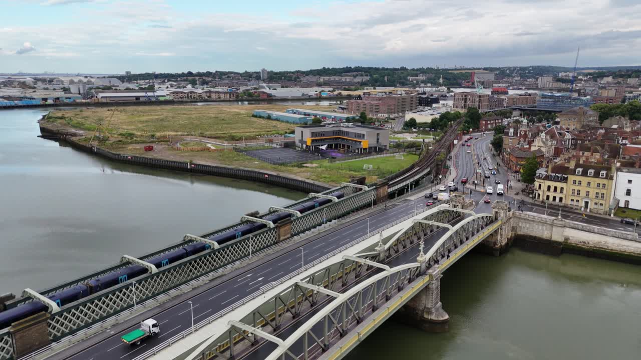 Rochester road and rail bridge Medway Kent UK drone,aerial