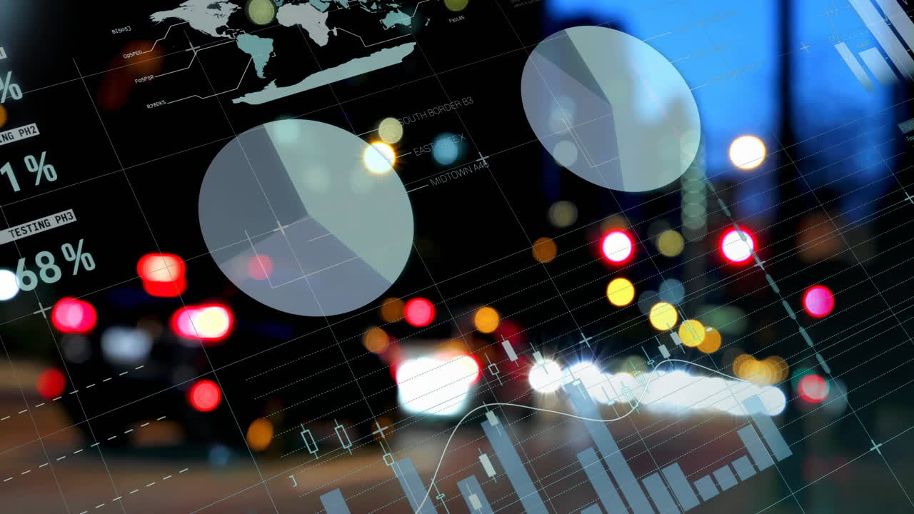 파이 차트 및 데이터 그래프 도시 거리에서 흐릿한 불빛으로 애니메이션